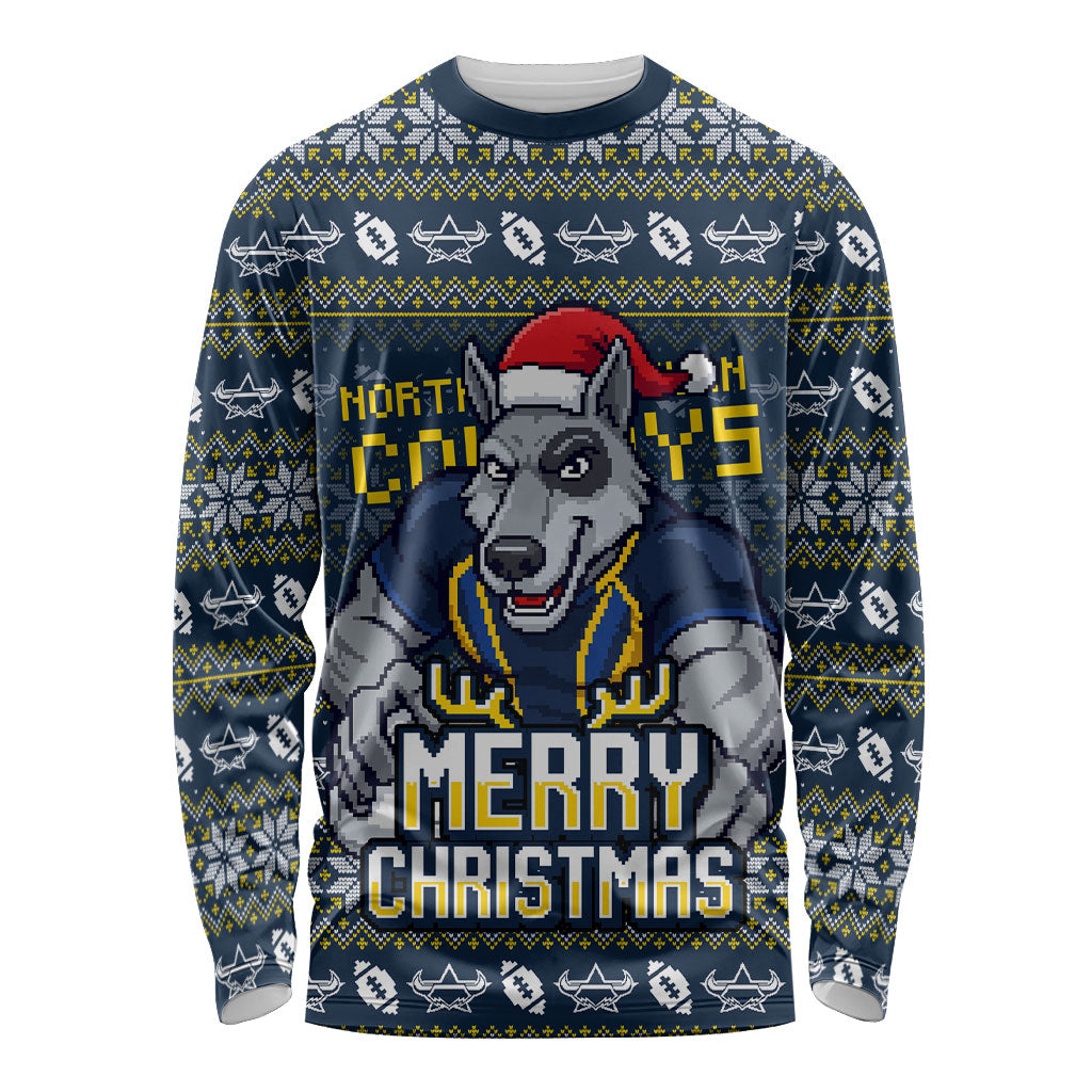 Personalized Cowboys Christmas Long Sleeve Shirt Australian Rugby Fans - Pixelated Ugly Xmas Pattern Mascot Santa