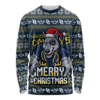 Personalized Cowboys Christmas Long Sleeve Shirt Australian Rugby Fans - Pixelated Ugly Xmas Pattern Mascot Santa