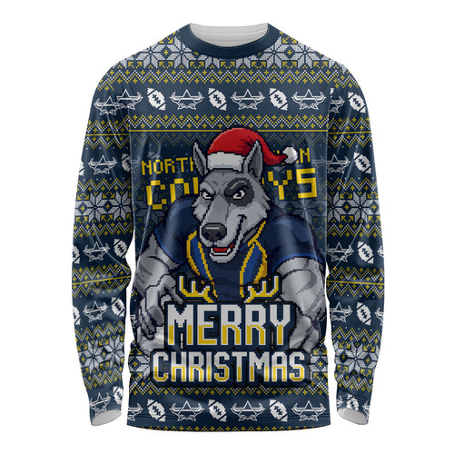 Personalized Cowboys Christmas Long Sleeve Shirt Australian Rugby Fans - Pixelated Ugly Xmas Pattern Mascot Santa