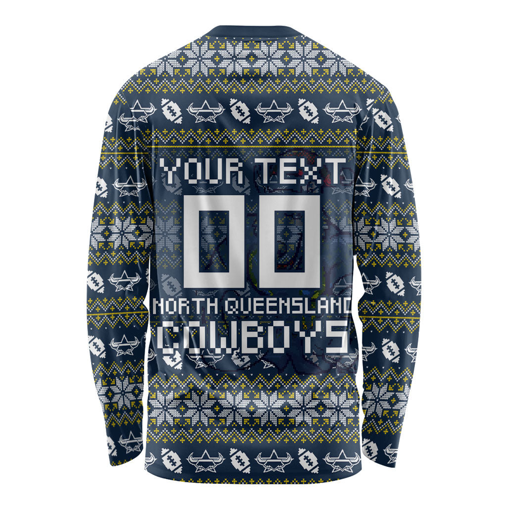 Personalized Cowboys Christmas Long Sleeve Shirt Australian Rugby Fans - Pixelated Ugly Xmas Pattern Mascot Santa