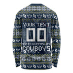 Personalized Cowboys Christmas Long Sleeve Shirt Australian Rugby Fans - Pixelated Ugly Xmas Pattern Mascot Santa