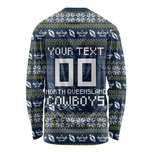 Personalized Cowboys Christmas Long Sleeve Shirt Australian Rugby Fans - Pixelated Ugly Xmas Pattern Mascot Santa
