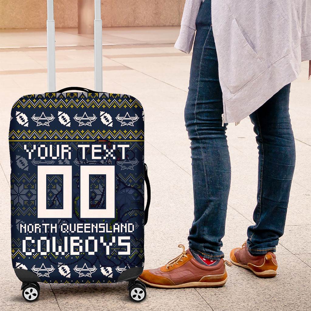 Personalized Cowboys Christmas Luggage Cover Australian Rugby Fans - Pixelated Ugly Xmas Pattern Mascot Santa