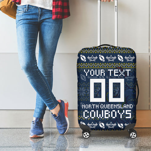 Personalized Cowboys Christmas Luggage Cover Australian Rugby Fans - Pixelated Ugly Xmas Pattern Mascot Santa