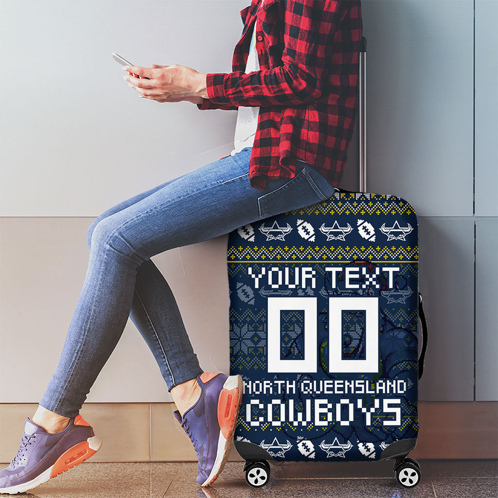 Personalized Cowboys Christmas Luggage Cover Australian Rugby Fans - Pixelated Ugly Xmas Pattern Mascot Santa