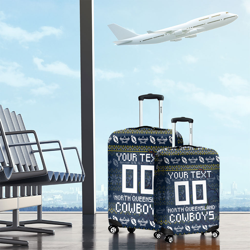 Personalized Cowboys Christmas Luggage Cover Australian Rugby Fans - Pixelated Ugly Xmas Pattern Mascot Santa