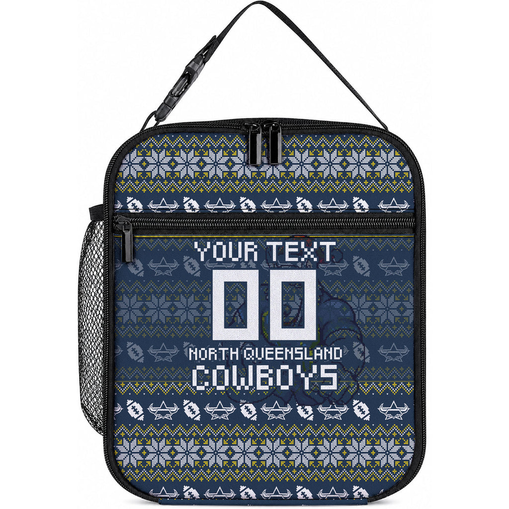 Personalized Cowboys Christmas Lunch Bag Australian Rugby Fans - Pixelated Ugly Xmas Pattern Mascot Santa