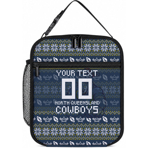 Personalized Cowboys Christmas Lunch Bag Australian Rugby Fans - Pixelated Ugly Xmas Pattern Mascot Santa