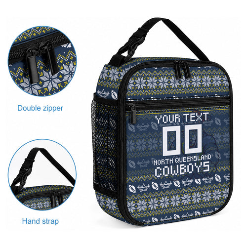 Personalized Cowboys Christmas Lunch Bag Australian Rugby Fans - Pixelated Ugly Xmas Pattern Mascot Santa