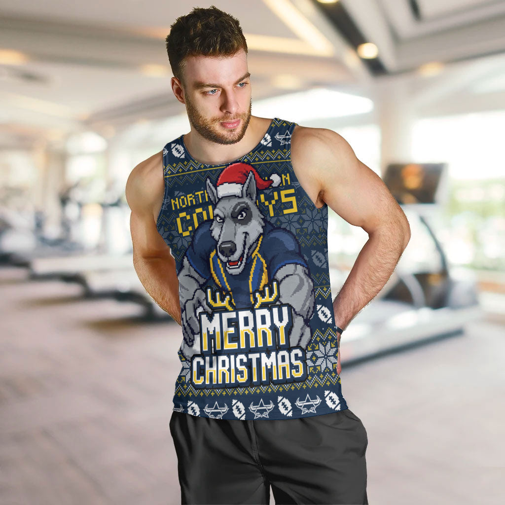Personalized Cowboys Christmas Men Tank Top Australian Rugby Fans - Pixelated Ugly Xmas Pattern Mascot Santa