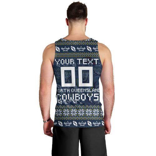 Personalized Cowboys Christmas Men Tank Top Australian Rugby Fans - Pixelated Ugly Xmas Pattern Mascot Santa