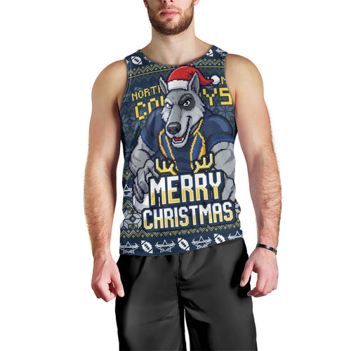 Personalized Cowboys Christmas Men Tank Top Australian Rugby Fans - Pixelated Ugly Xmas Pattern Mascot Santa
