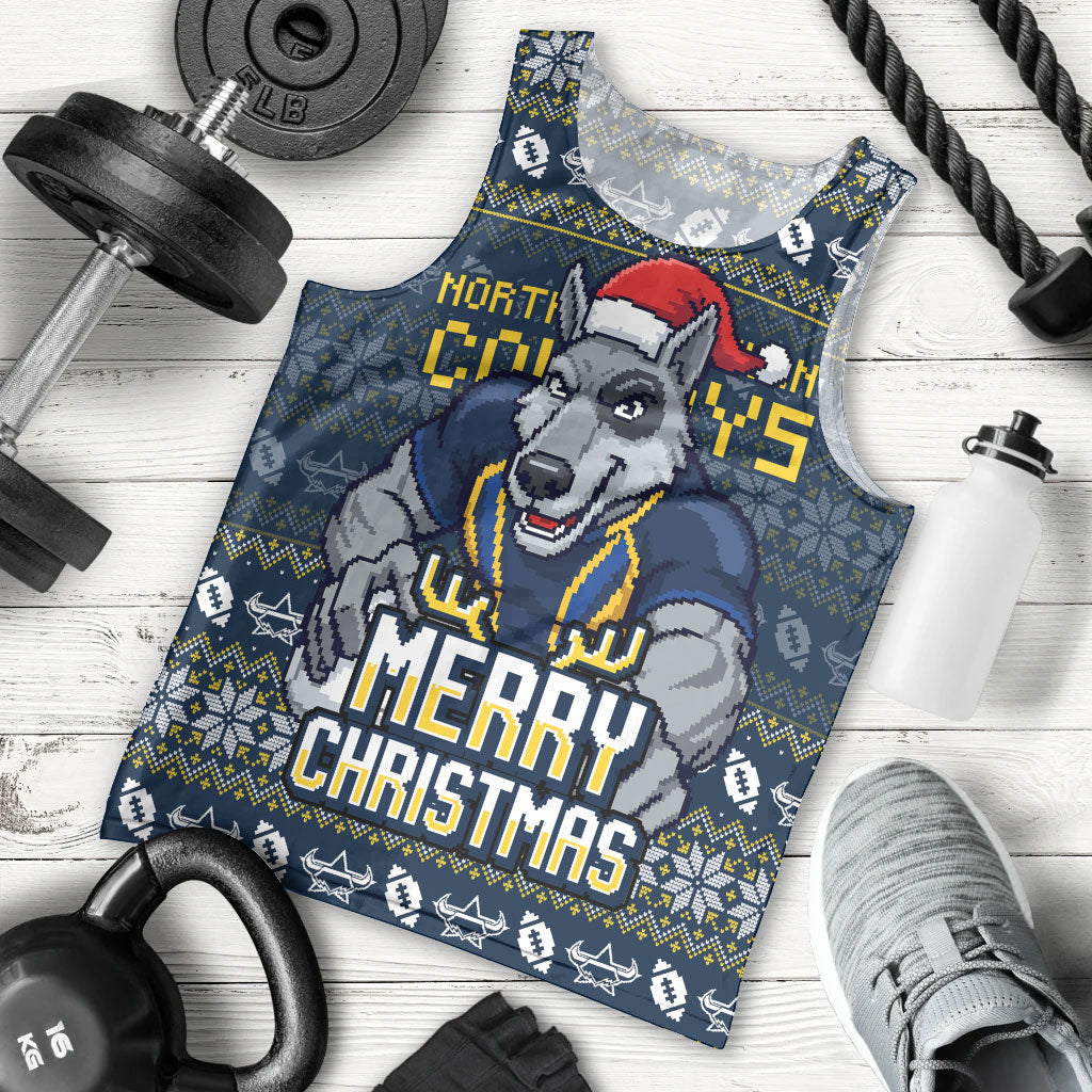 Personalized Cowboys Christmas Men Tank Top Australian Rugby Fans - Pixelated Ugly Xmas Pattern Mascot Santa