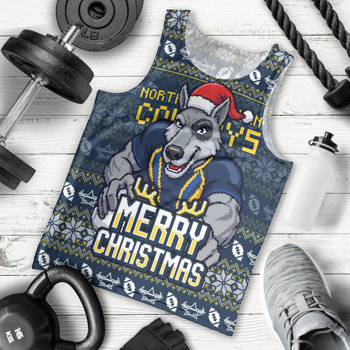 Personalized Cowboys Christmas Men Tank Top Australian Rugby Fans - Pixelated Ugly Xmas Pattern Mascot Santa