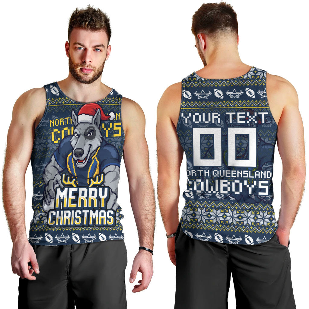 Personalized Cowboys Christmas Men Tank Top Australian Rugby Fans - Pixelated Ugly Xmas Pattern Mascot Santa