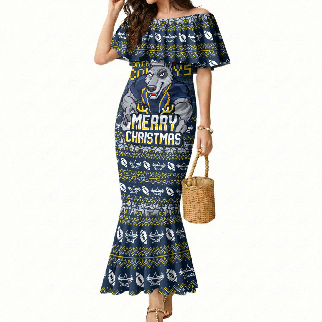 Personalized Cowboys Christmas Mermaid Dress Australian Rugby Fans - Pixelated Ugly Xmas Pattern Mascot Santa