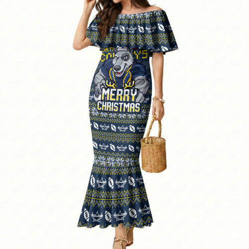 Personalized Cowboys Christmas Mermaid Dress Australian Rugby Fans - Pixelated Ugly Xmas Pattern Mascot Santa
