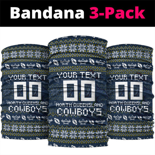 Personalized Cowboys Christmas Neck Gaiter Australian Rugby Fans - Pixelated Ugly Xmas Pattern Mascot Santa