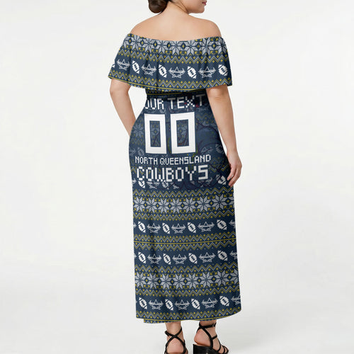 Personalized Cowboys Christmas Off Shoulder Maxi Dress Australian Rugby Fans - Pixelated Ugly Xmas Pattern Mascot Santa