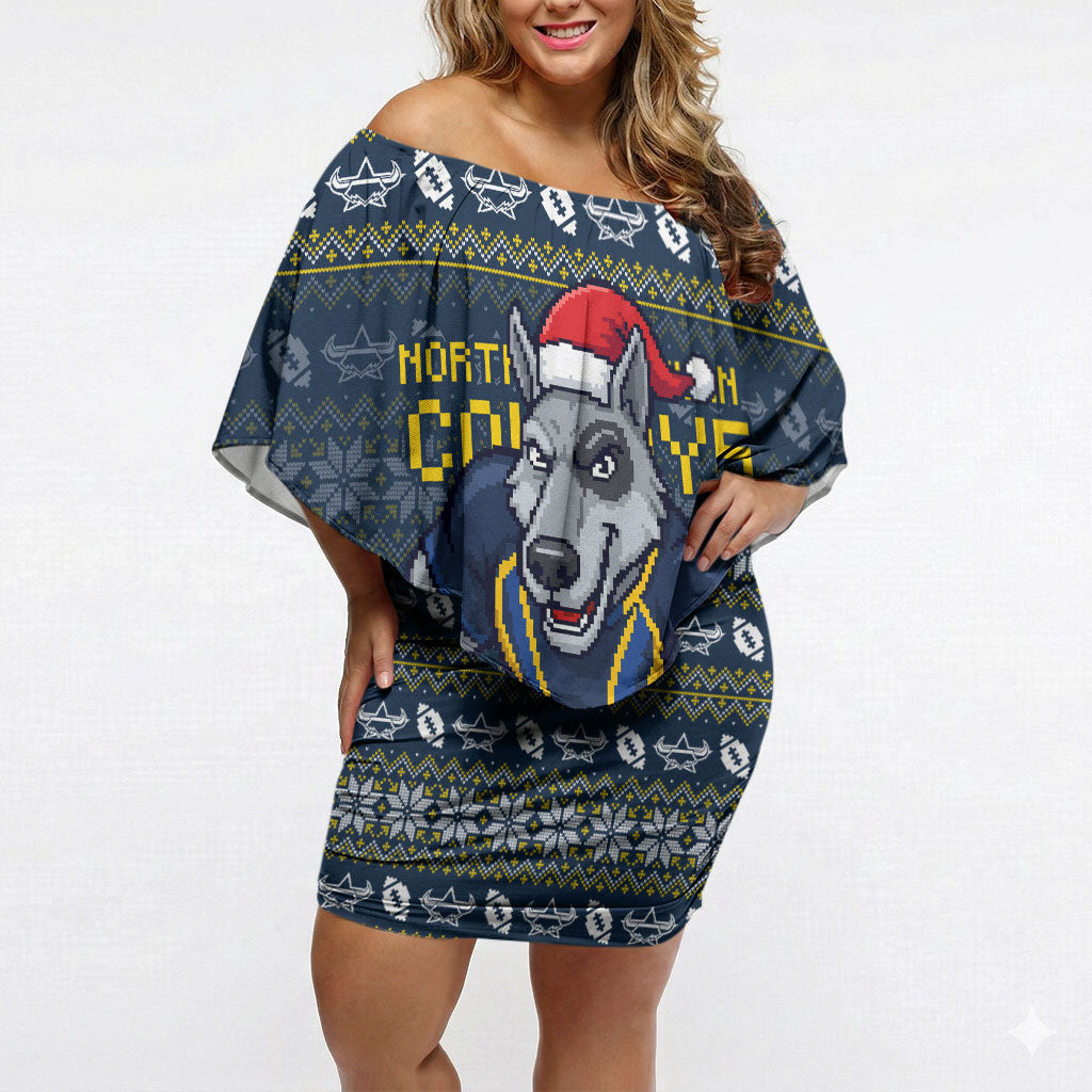Personalized Cowboys Christmas Off Shoulder Short Dress Australian Rugby Fans - Pixelated Ugly Xmas Pattern Mascot Santa