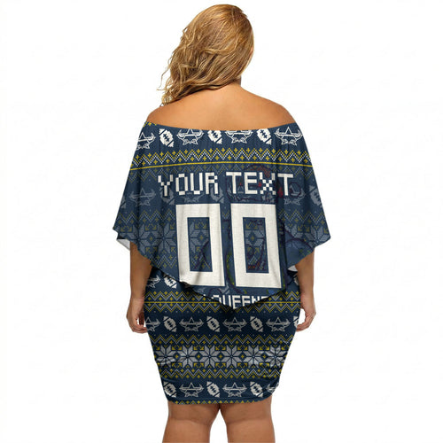 Personalized Cowboys Christmas Off Shoulder Short Dress Australian Rugby Fans - Pixelated Ugly Xmas Pattern Mascot Santa