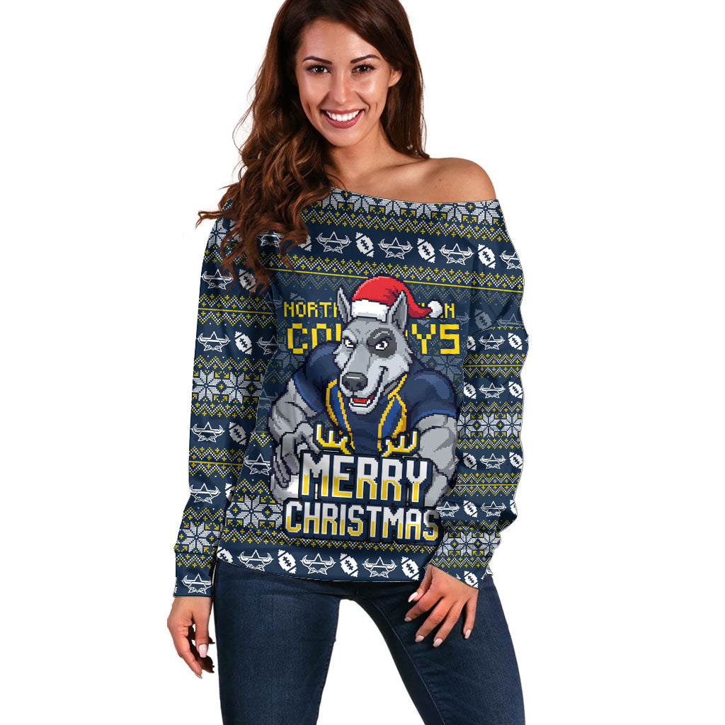 Personalized Cowboys Christmas Off Shoulder Sweater Australian Rugby Fans - Pixelated Ugly Xmas Pattern Mascot Santa