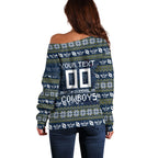 Personalized Cowboys Christmas Off Shoulder Sweater Australian Rugby Fans - Pixelated Ugly Xmas Pattern Mascot Santa