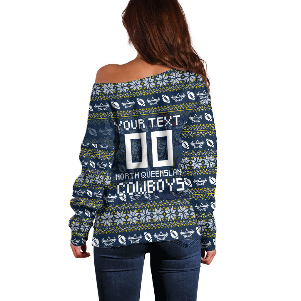 Personalized Cowboys Christmas Off Shoulder Sweater Australian Rugby Fans - Pixelated Ugly Xmas Pattern Mascot Santa