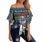 Personalized Cowboys Christmas Off Shoulder Wrap Waist Top Australian Rugby Fans - Pixelated Ugly Xmas Pattern Mascot Santa