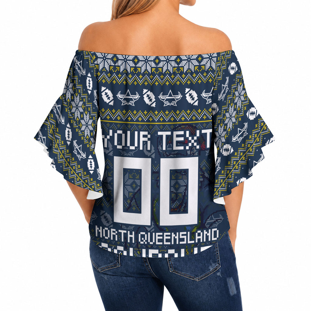Personalized Cowboys Christmas Off Shoulder Wrap Waist Top Australian Rugby Fans - Pixelated Ugly Xmas Pattern Mascot Santa