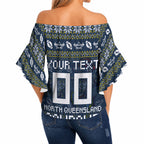 Personalized Cowboys Christmas Off Shoulder Wrap Waist Top Australian Rugby Fans - Pixelated Ugly Xmas Pattern Mascot Santa