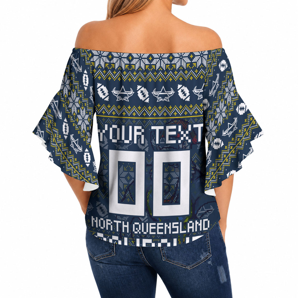 Personalized Cowboys Christmas Off Shoulder Wrap Waist Top Australian Rugby Fans - Pixelated Ugly Xmas Pattern Mascot Santa