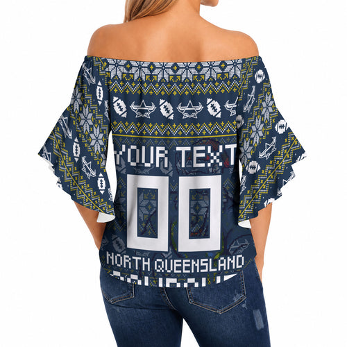 Personalized Cowboys Christmas Off Shoulder Wrap Waist Top Australian Rugby Fans - Pixelated Ugly Xmas Pattern Mascot Santa