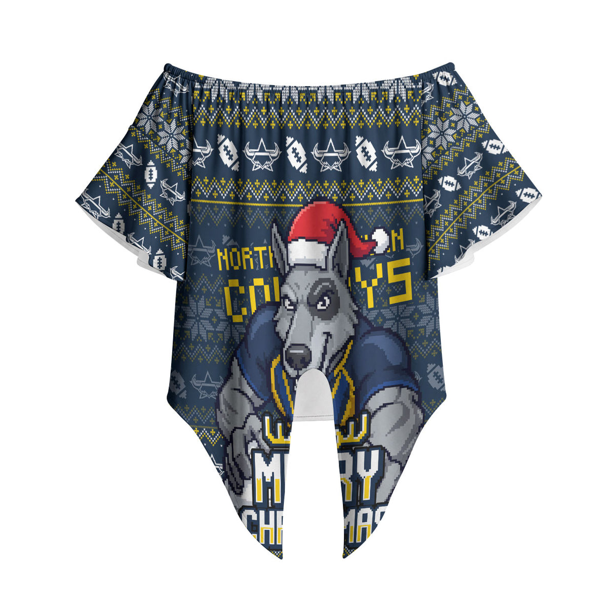 Personalized Cowboys Christmas Off Shoulder Wrap Waist Top Australian Rugby Fans - Pixelated Ugly Xmas Pattern Mascot Santa