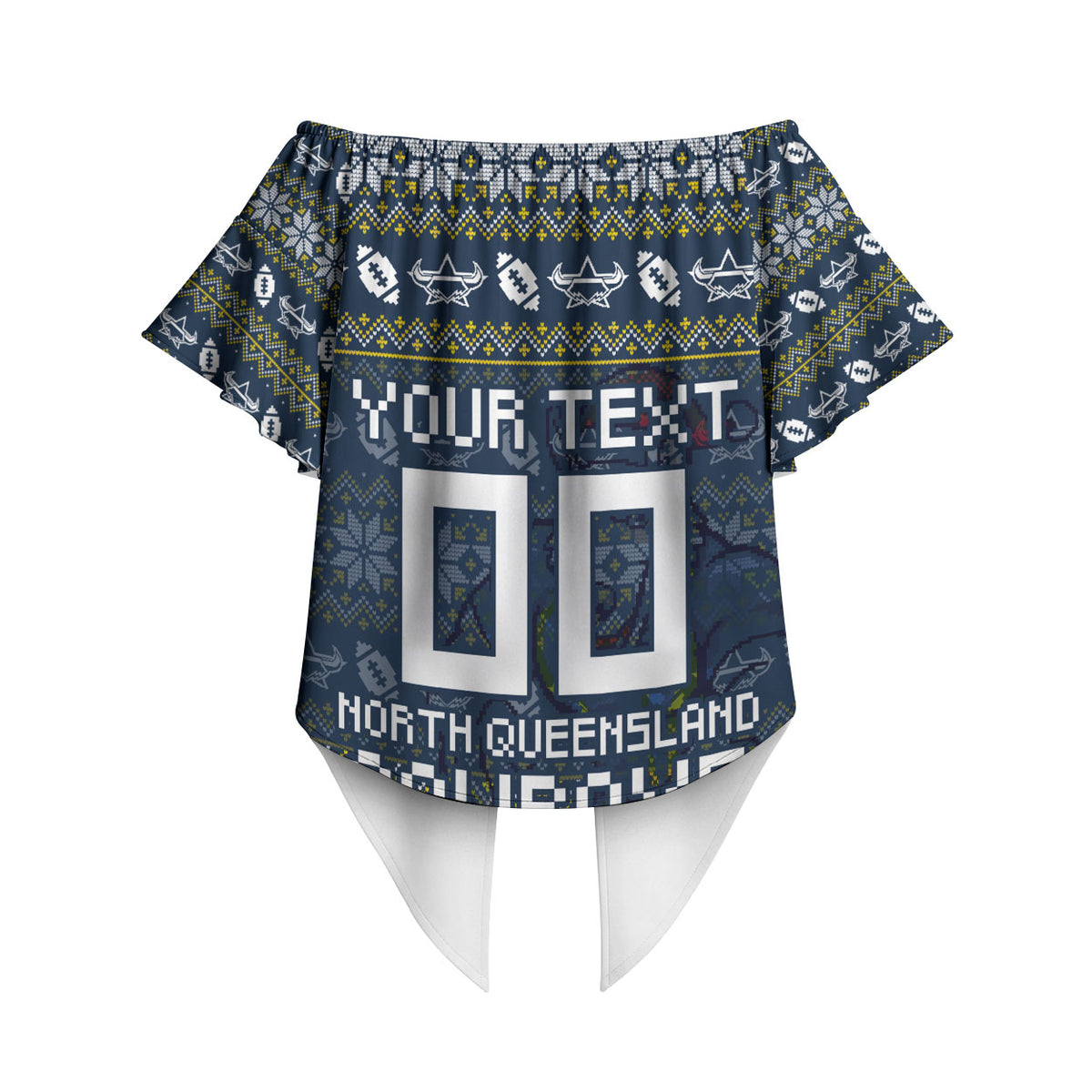 Personalized Cowboys Christmas Off Shoulder Wrap Waist Top Australian Rugby Fans - Pixelated Ugly Xmas Pattern Mascot Santa