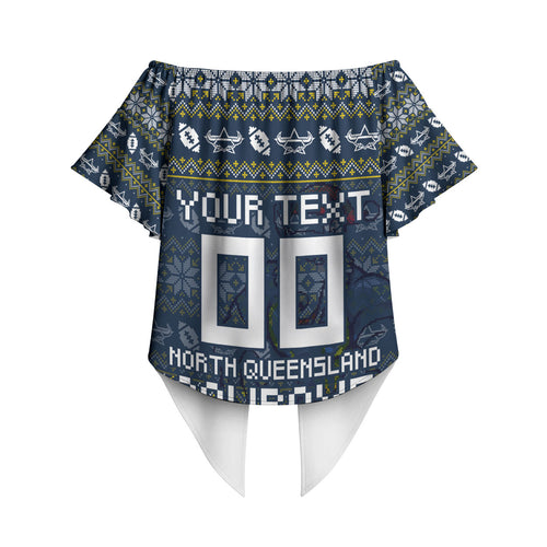Personalized Cowboys Christmas Off Shoulder Wrap Waist Top Australian Rugby Fans - Pixelated Ugly Xmas Pattern Mascot Santa