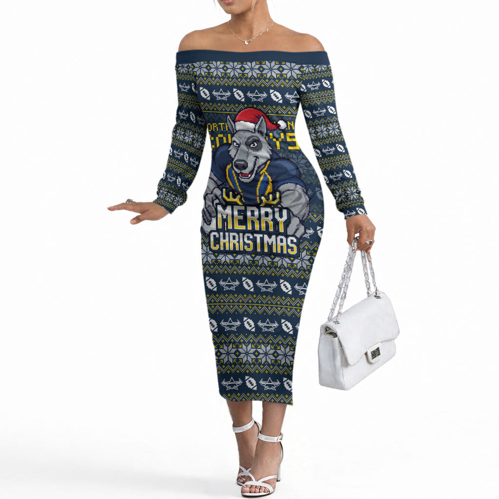 Personalized Cowboys Christmas Off The Shoulder Long Sleeve Dress Australian Rugby Fans - Pixelated Ugly Xmas Pattern Mascot Santa