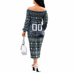 Personalized Cowboys Christmas Off The Shoulder Long Sleeve Dress Australian Rugby Fans - Pixelated Ugly Xmas Pattern Mascot Santa