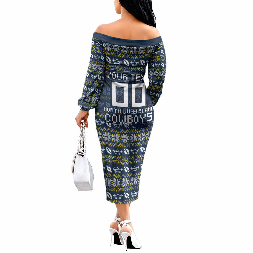Personalized Cowboys Christmas Off The Shoulder Long Sleeve Dress Australian Rugby Fans - Pixelated Ugly Xmas Pattern Mascot Santa
