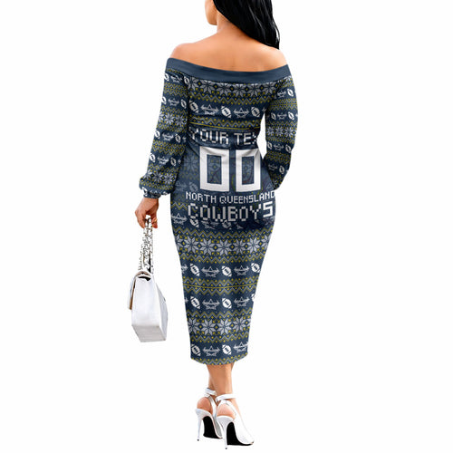 Personalized Cowboys Christmas Off The Shoulder Long Sleeve Dress Australian Rugby Fans - Pixelated Ugly Xmas Pattern Mascot Santa