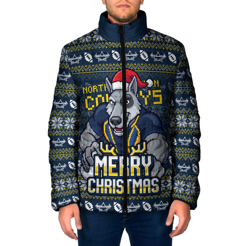 Personalized Cowboys Christmas Padded Jacket Australian Rugby Fans - Pixelated Ugly Xmas Pattern Mascot Santa