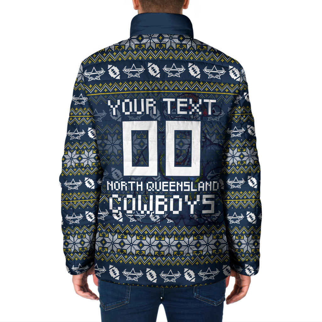Personalized Cowboys Christmas Padded Jacket Australian Rugby Fans - Pixelated Ugly Xmas Pattern Mascot Santa
