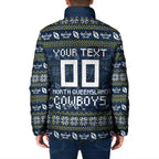 Personalized Cowboys Christmas Padded Jacket Australian Rugby Fans - Pixelated Ugly Xmas Pattern Mascot Santa