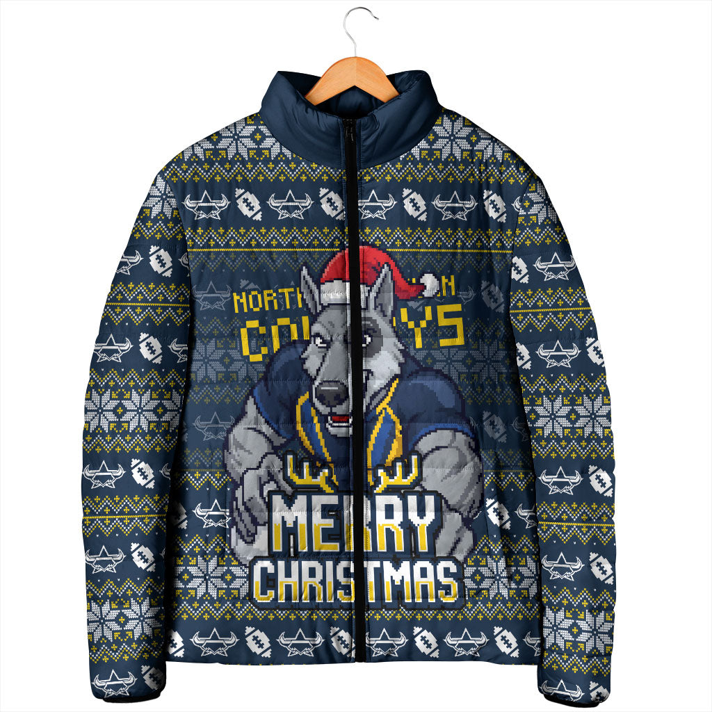 Personalized Cowboys Christmas Padded Jacket Australian Rugby Fans - Pixelated Ugly Xmas Pattern Mascot Santa