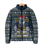 Personalized Cowboys Christmas Padded Jacket Australian Rugby Fans - Pixelated Ugly Xmas Pattern Mascot Santa