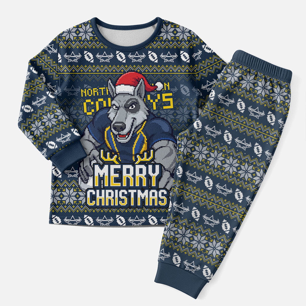 Personalized Cowboys Christmas Pajama Set Australian Rugby Fans - Pixelated Ugly Xmas Pattern Mascot Santa