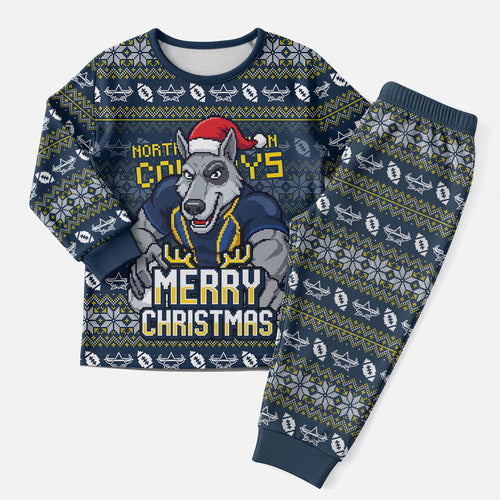 Personalized Cowboys Christmas Pajama Set Australian Rugby Fans - Pixelated Ugly Xmas Pattern Mascot Santa
