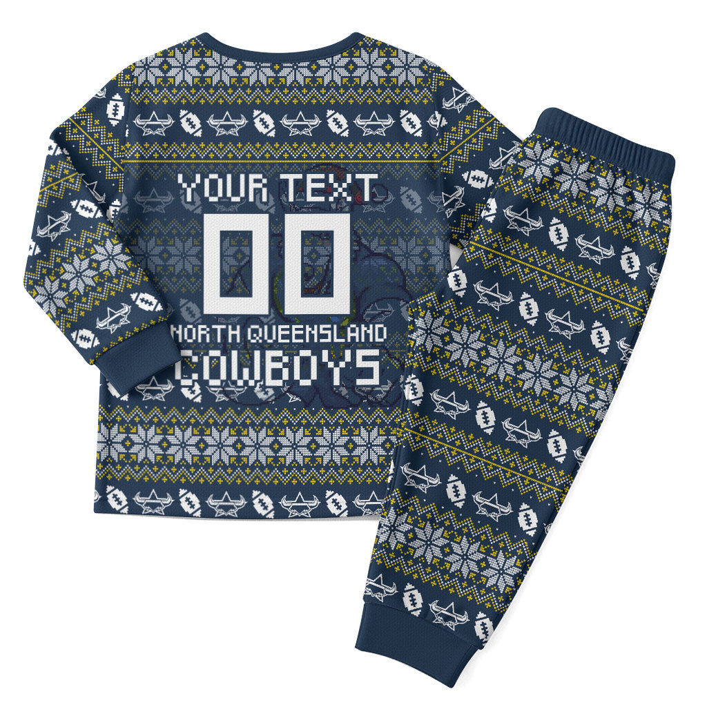 Personalized Cowboys Christmas Pajama Set Australian Rugby Fans - Pixelated Ugly Xmas Pattern Mascot Santa
