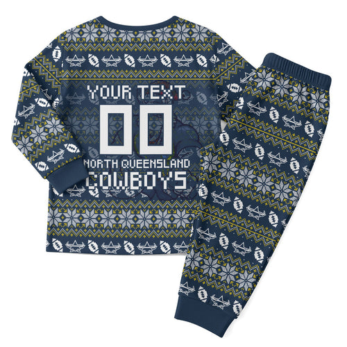 Personalized Cowboys Christmas Pajama Set Australian Rugby Fans - Pixelated Ugly Xmas Pattern Mascot Santa