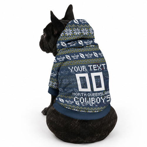 Personalized Cowboys Christmas Pet Hoodie Australian Rugby Fans - Pixelated Ugly Xmas Pattern Mascot Santa